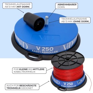 ViD Kabelabroller, blau, mit/ohne Dorn, für Kabeltrommeln bis 190 kg, Elektroinstallationsmaterial.