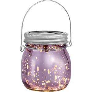 Lila LED Solar-Dekoleuchte aus Glas mit Aufhängebügel, Ø 8 cm x 9 cm. Solar-Deko für Garten und Balkon.