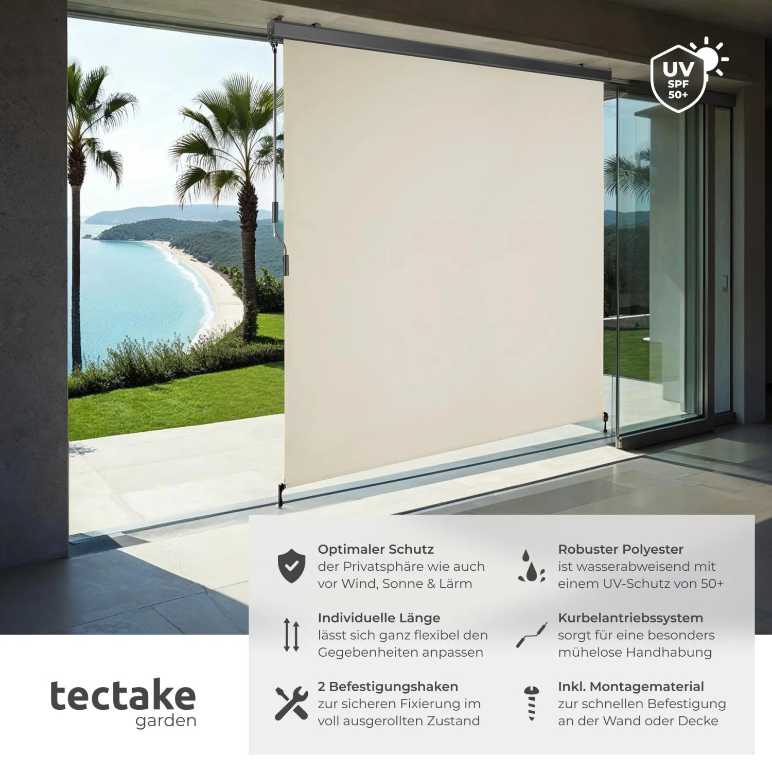 Beige Tectake Senkrechtmarkise 180x250cm für Terrasse & Balkon, UV-Schutz.