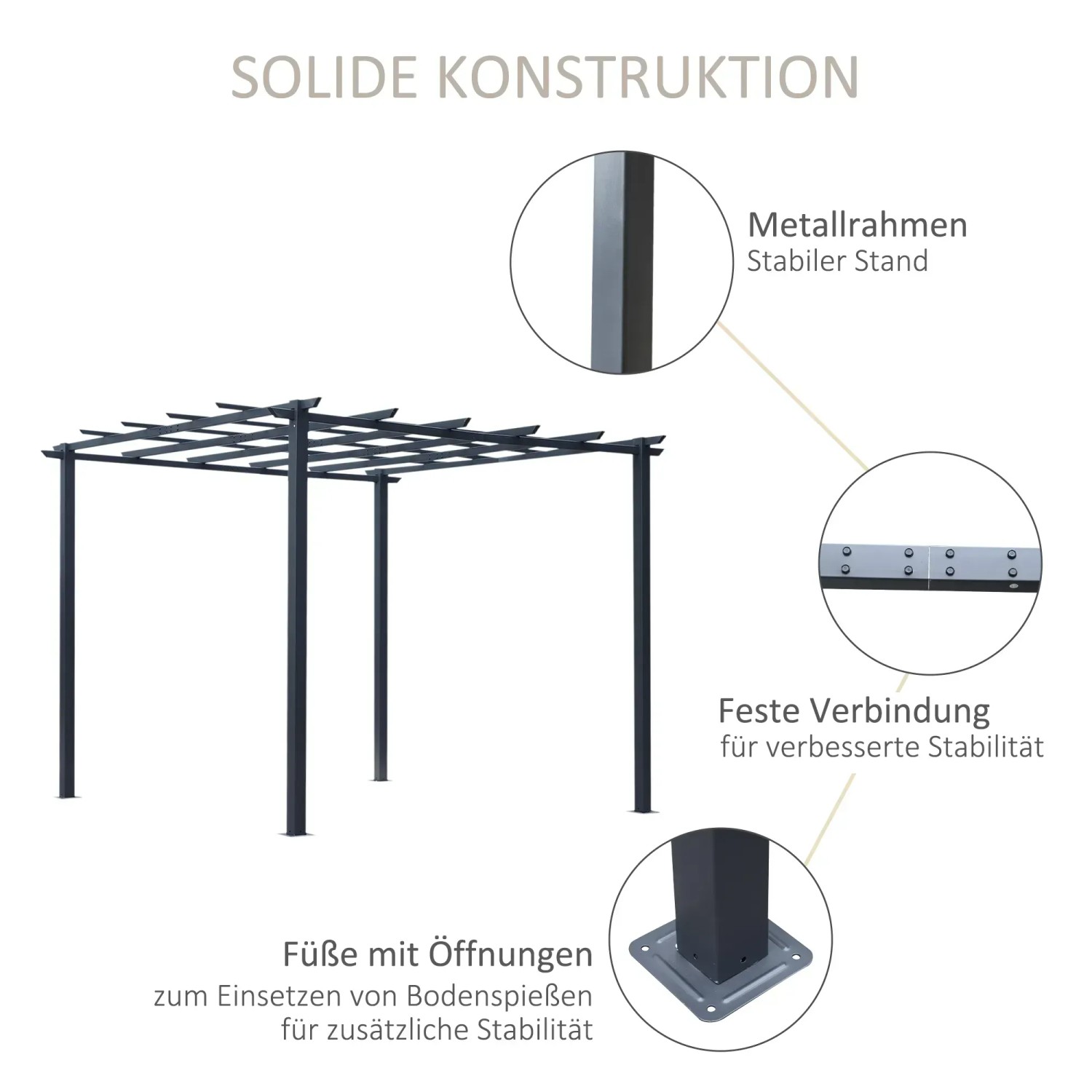 Outsunny Pergola Pavillon aus Metall, schwarz, mit Details zur soliden Konstruktion.