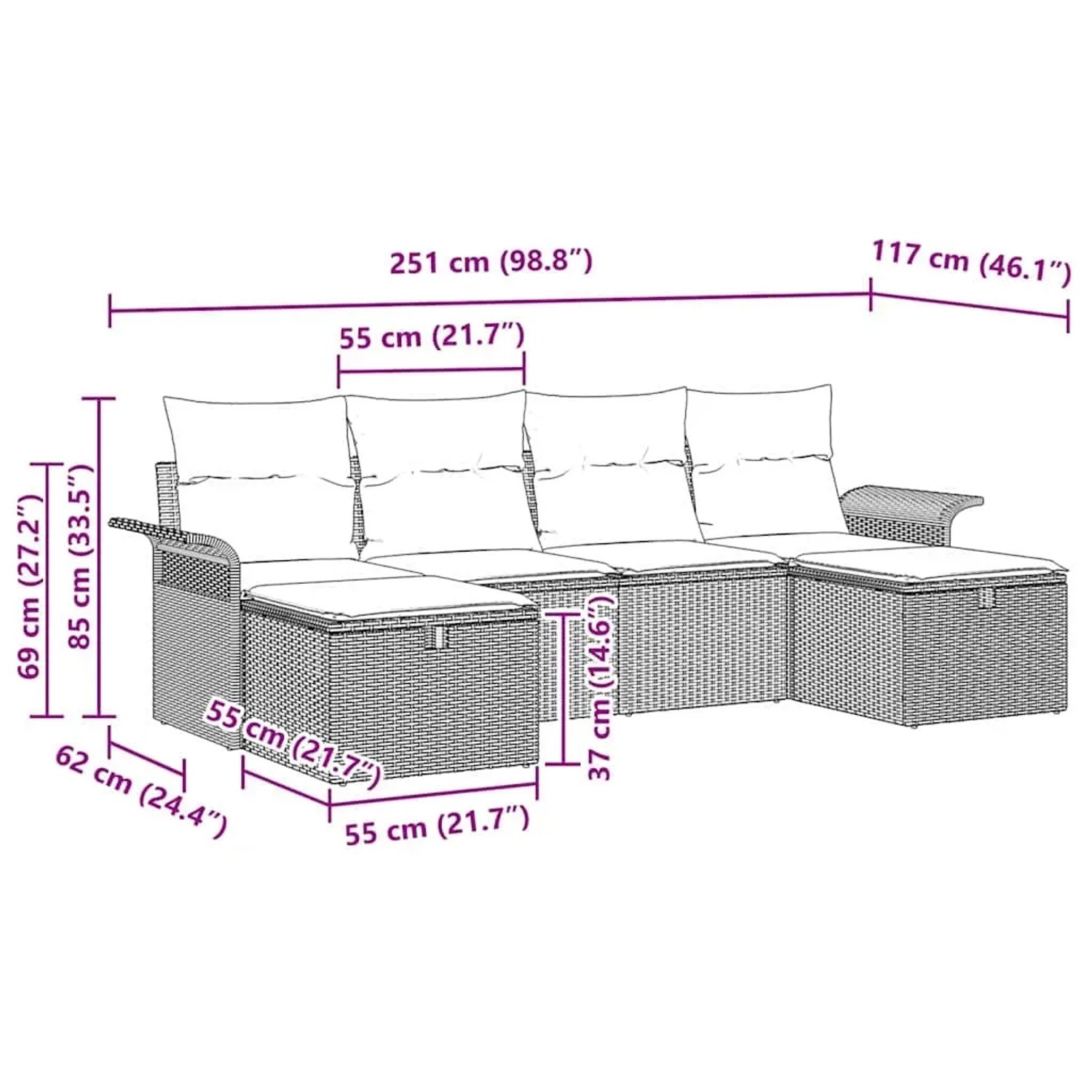 vidaXL 6-Tlg. Garten-Sofagarnitur aus schwarzem Rattan mit Maßen.