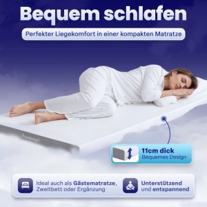 Arensberger GEL-Matratze LINA 160x200cm mit schlafender Person. Bequeme Gelschaummatratze für erholsamen Schlaf.