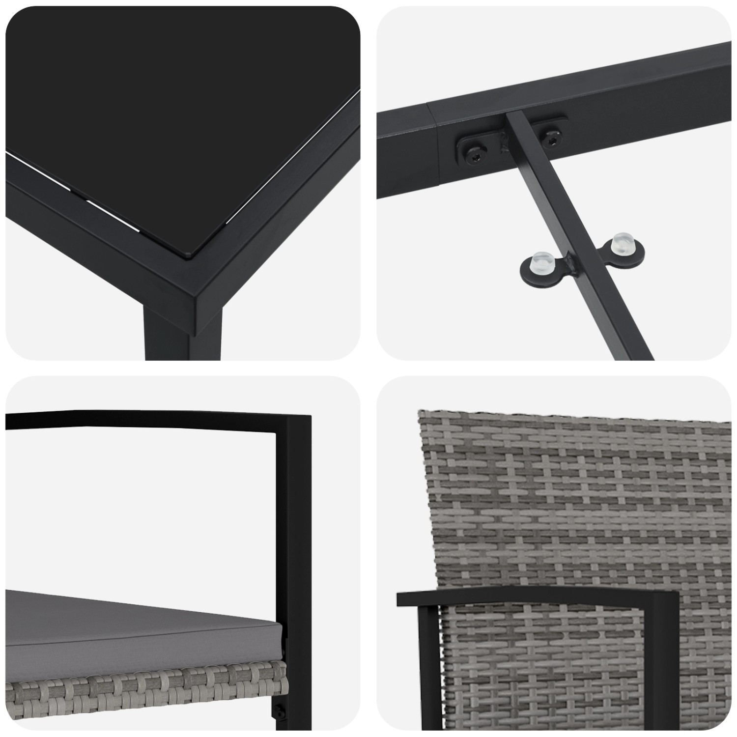 Detailansicht vidaXL Garten Essgruppe, 5-tlg, grau, Poly Rattan, Tischplatte aus Glas, pulverbeschichteter Rahmen.