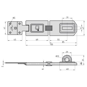 Technische Zeichnung einer Basi Sicherheitsüberfalle, 155mm, mit Maßangaben.