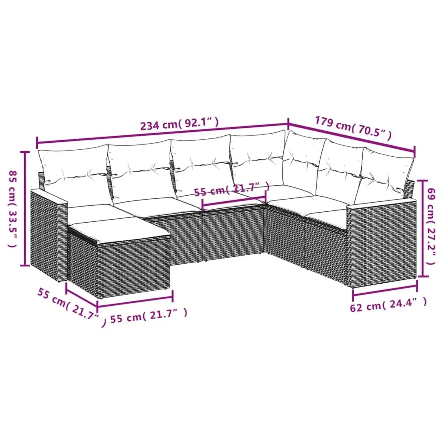 Schwarze 7-tlg. vidaXL Garten-Sofagarnitur aus Rattan mit cremeweißen Kissen und Maßangaben.