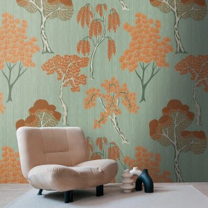 Fototapete Wald in Orange und Grün mit Textiloptik. Matte Vliestapete für Wohnräume.