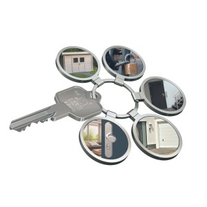 Basi V50 Profilzylinder Schlüsselanhänger mit Anwendungsbeispielen für gleichschließende Systeme.