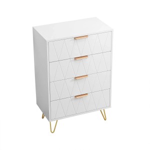 Weißer Schubladenschrank mit 4 Schubladen, Metallgriffen und goldenen Beinen. Kommode für Wohnzimmer.