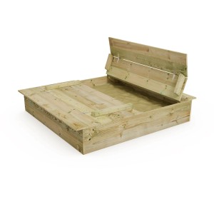 Wickey Sandkasten Flippey 130x165 cm aus Holz mit Deckel/Sitzfunktion, teilgeöffnet.