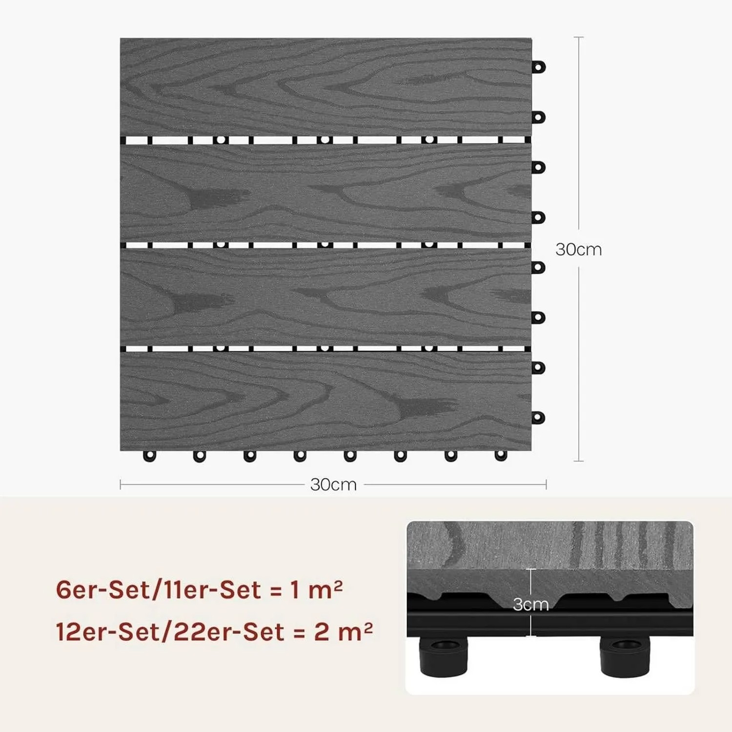 WOLTU WPC Terrassenfliesen in Holzoptik, 22 Stück, grau, 30x30 cm.