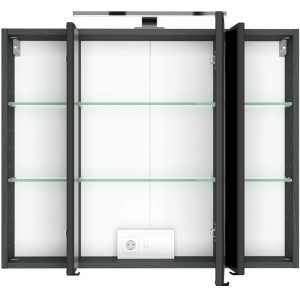 Held Möbel Waschtisch-Set Bari 80cm, Wotaneiche/Graphitgrau, mit Spiegelschrank, LED-Leuchte und Glasablagen.