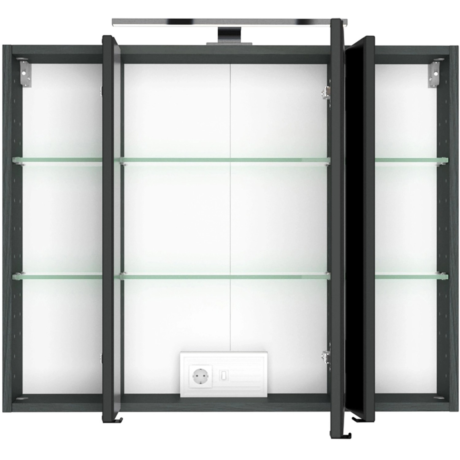 Held Möbel Waschtisch-Set Bari 80cm, Wotaneiche/Graphitgrau, mit Spiegelschrank, LED-Leuchte und Glasablagen.