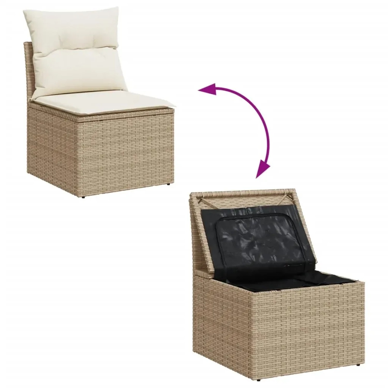 Beige Garten-Sofagarnitur aus Rattan mit Kissen, Stauraum unter der Sitzfläche dargestellt.