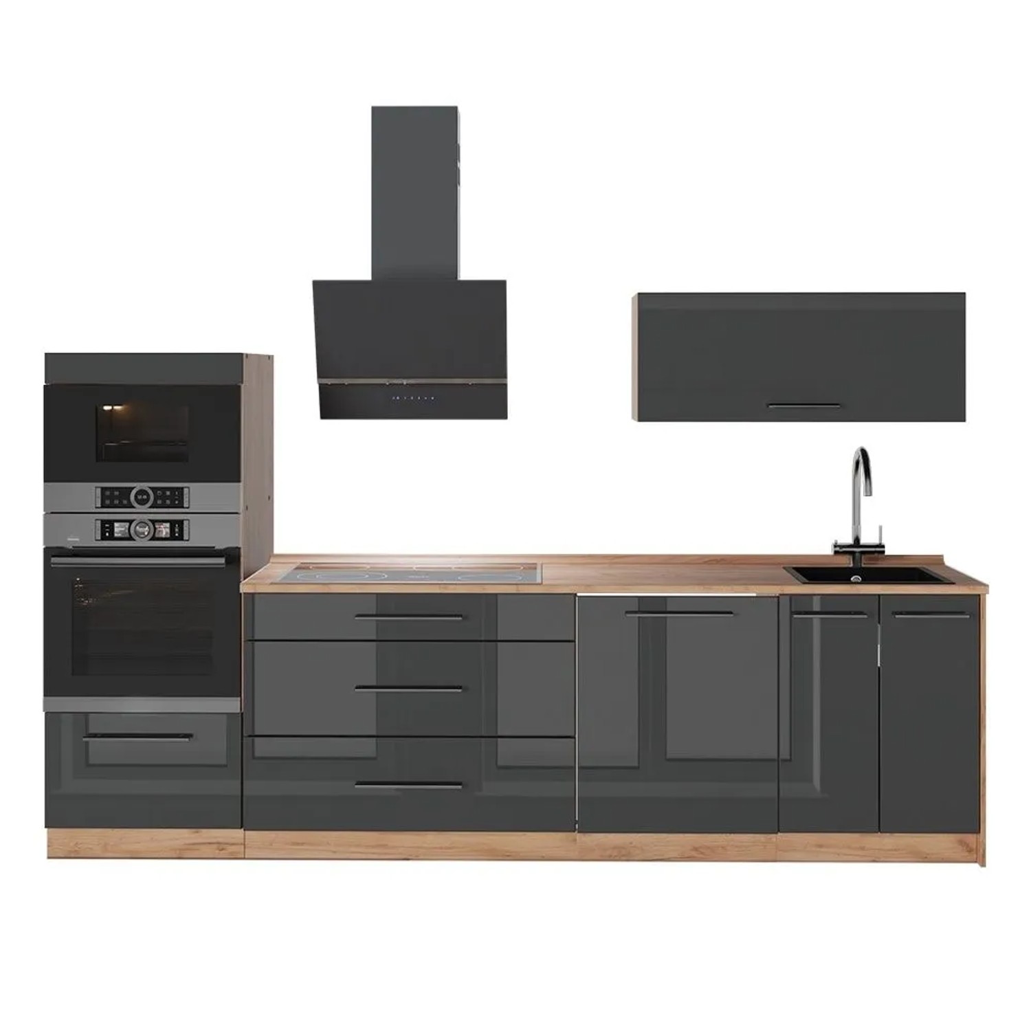 Vicco Küchenzeile Fame-Line Anthrazit Hochglanz/Goldkraft Eiche 280 x 154 AP Eiche Art Nr 64684
