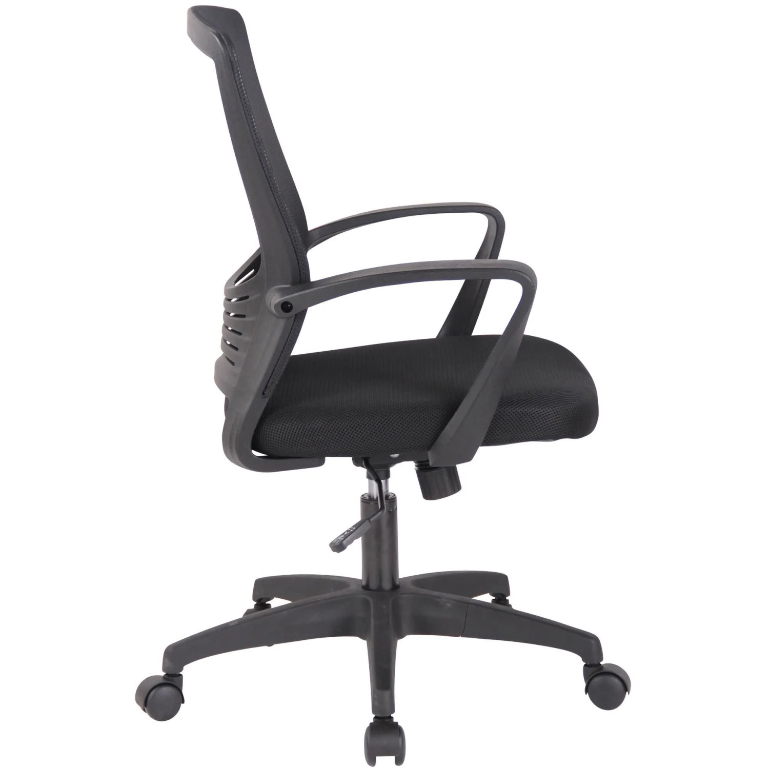 Ergonomischer, schwarzer DELUKE Bürostuhl mit Netzbespannung und verstellbarer Höhe.