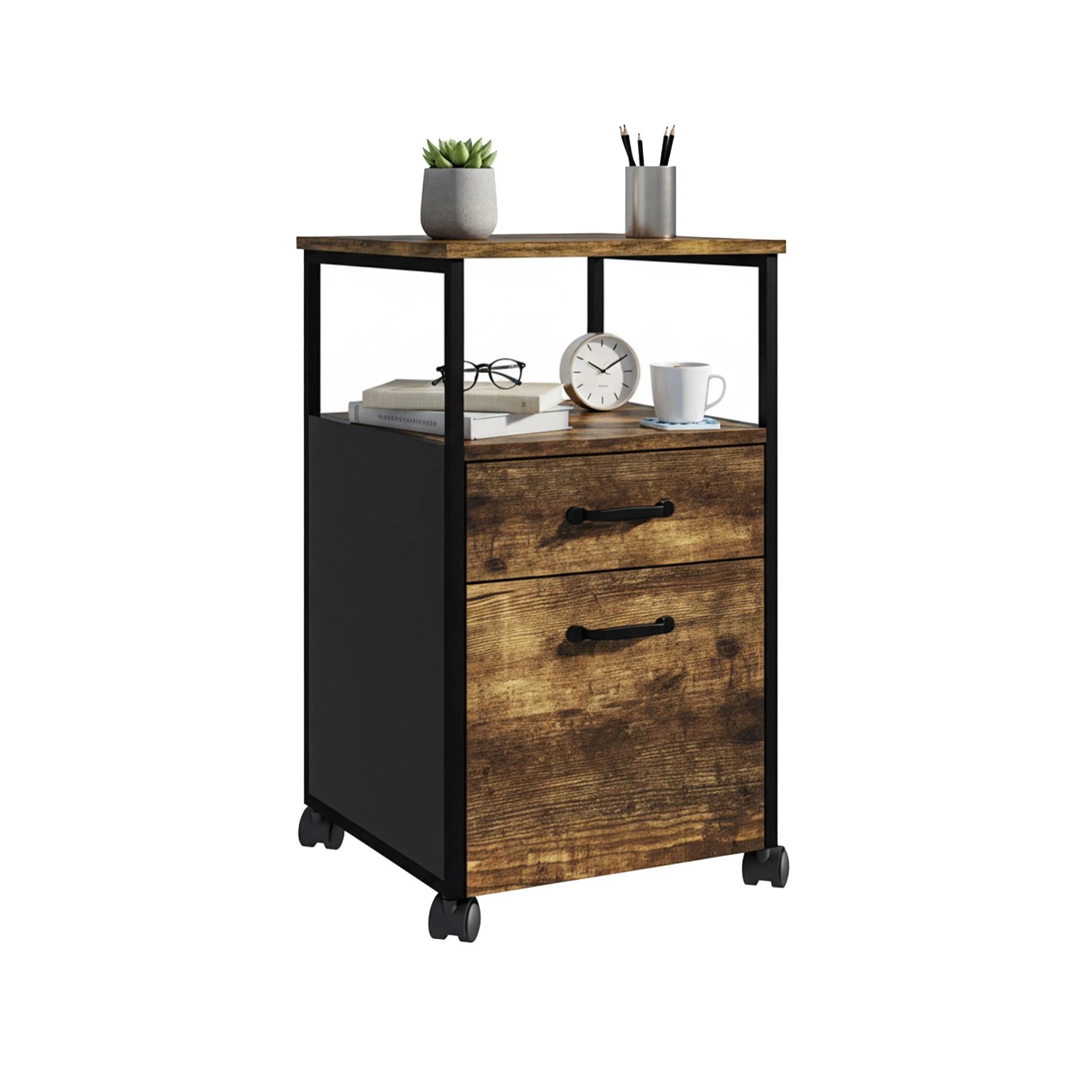 Relaxdays Rollcontainer 2 Schubladen Holzwerkstoff Eisen PP Schwarz mit Hängeregister 66,5 cm x 42 cm x 44 cm 13,8 kg