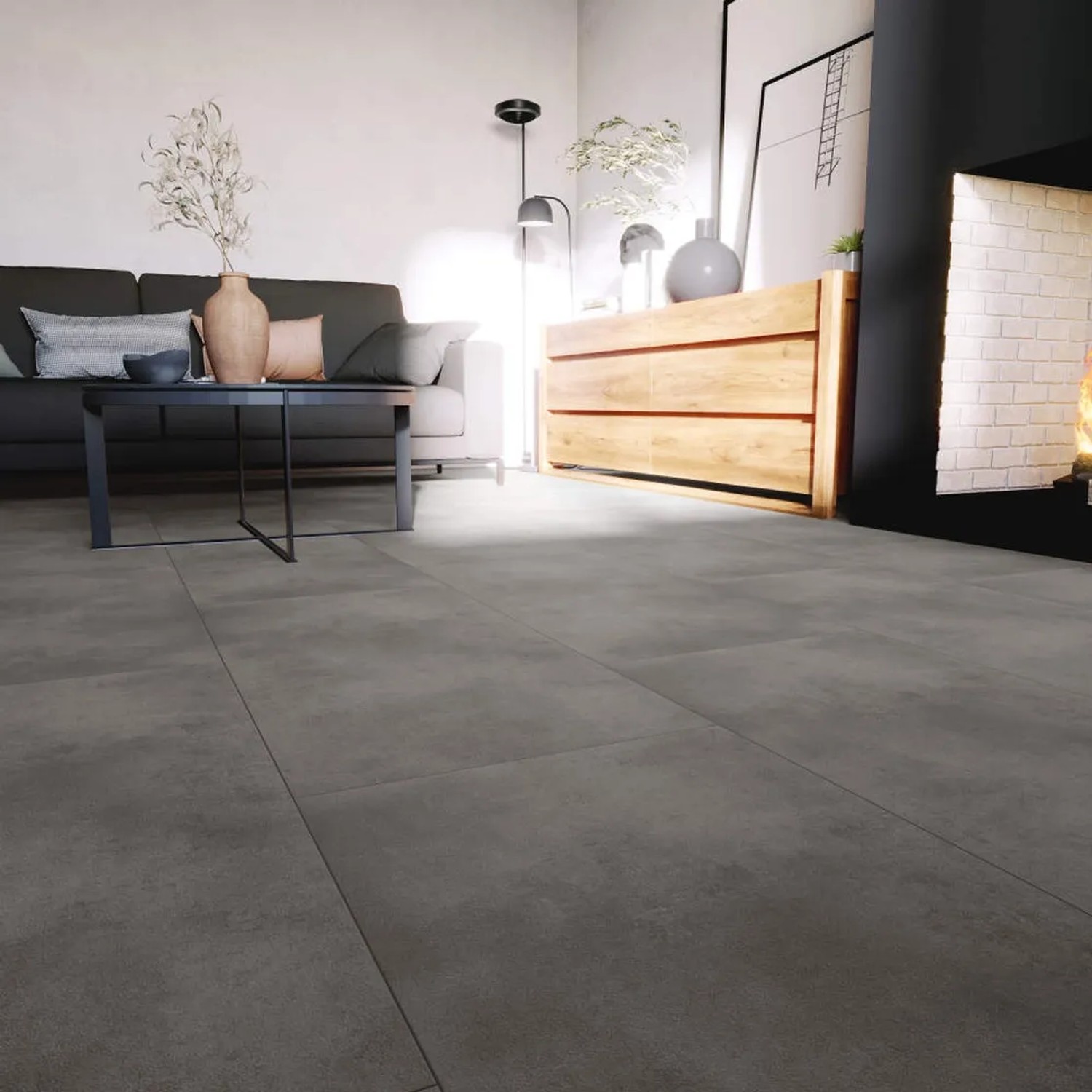 Anaturo Klebe-Vinylboden Mio 55 Stone Modena in Fliesenoptik, verlegt in Wohnraum.