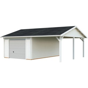 Weiße Palmako Garage Roger mit Sektionaltor und Carport aus Holz.