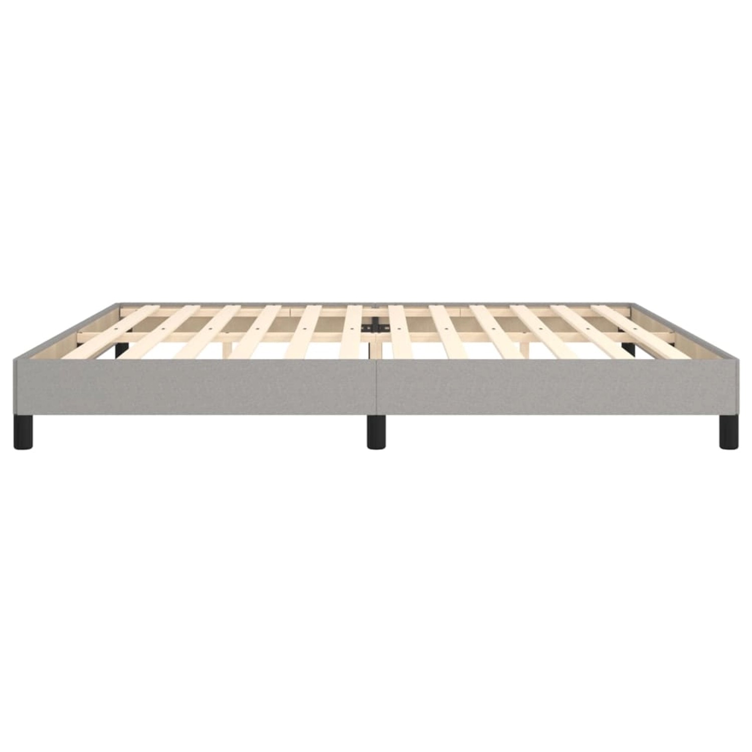 Hellgraues Stoff-Bettgestell 200x200 cm mit Holzlattenrost und schwarzen Füßen.