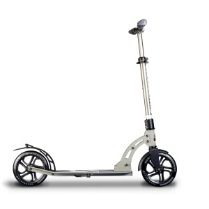 Grauer Six Degrees Aluminium Scooter mit Klappmechanismus und Ständer.