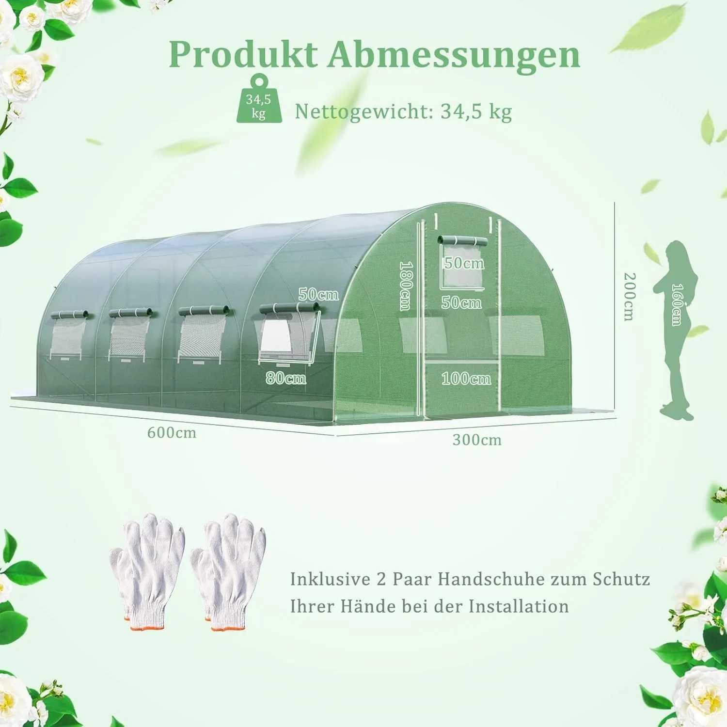 Costway Foliengewächshaus Metallgestell 6x3x2m Grün_6