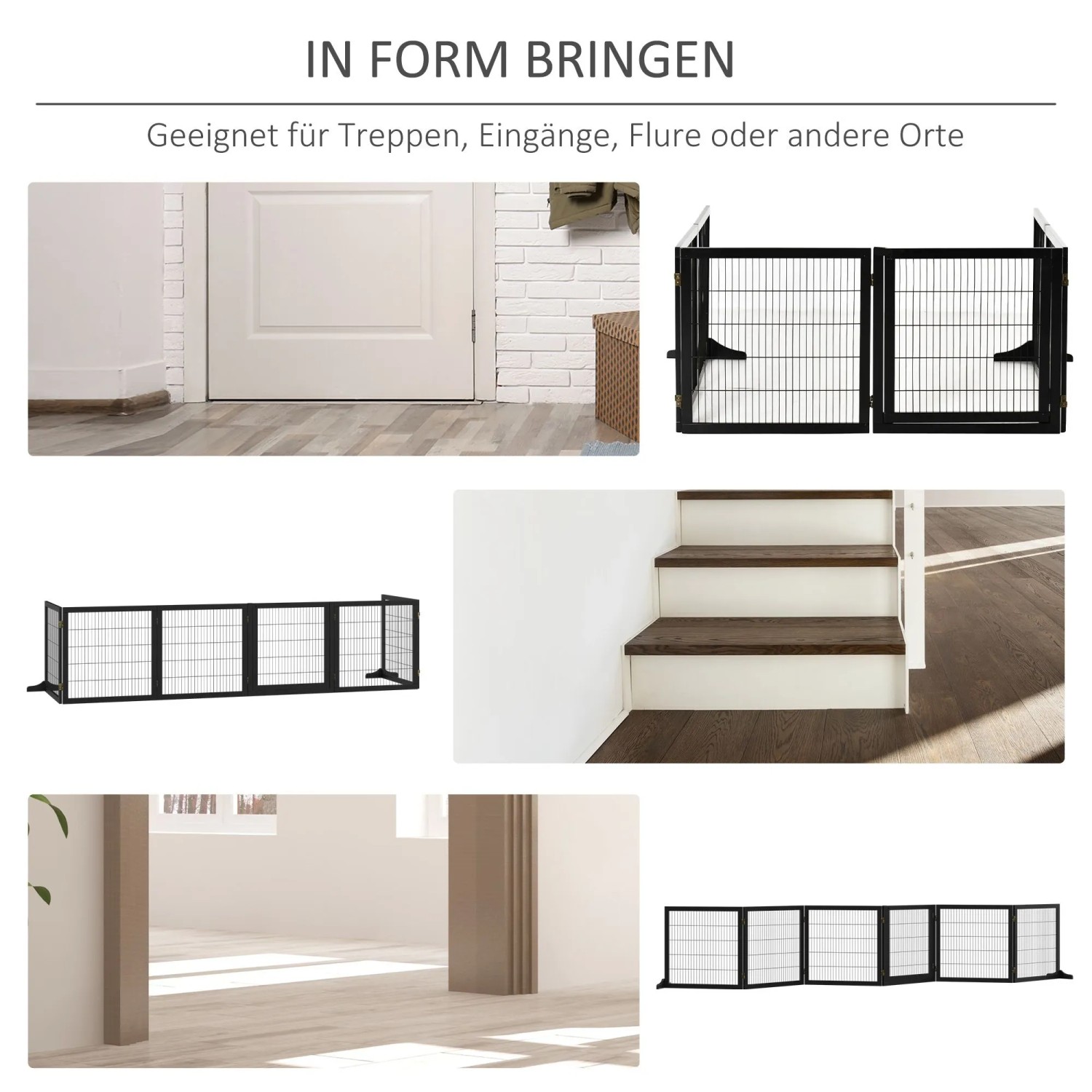 Schwarzes PawHut Türschutzgitter aus Holz mit Metallgitter, verstellbar, freistehend, mit Fußstützen.