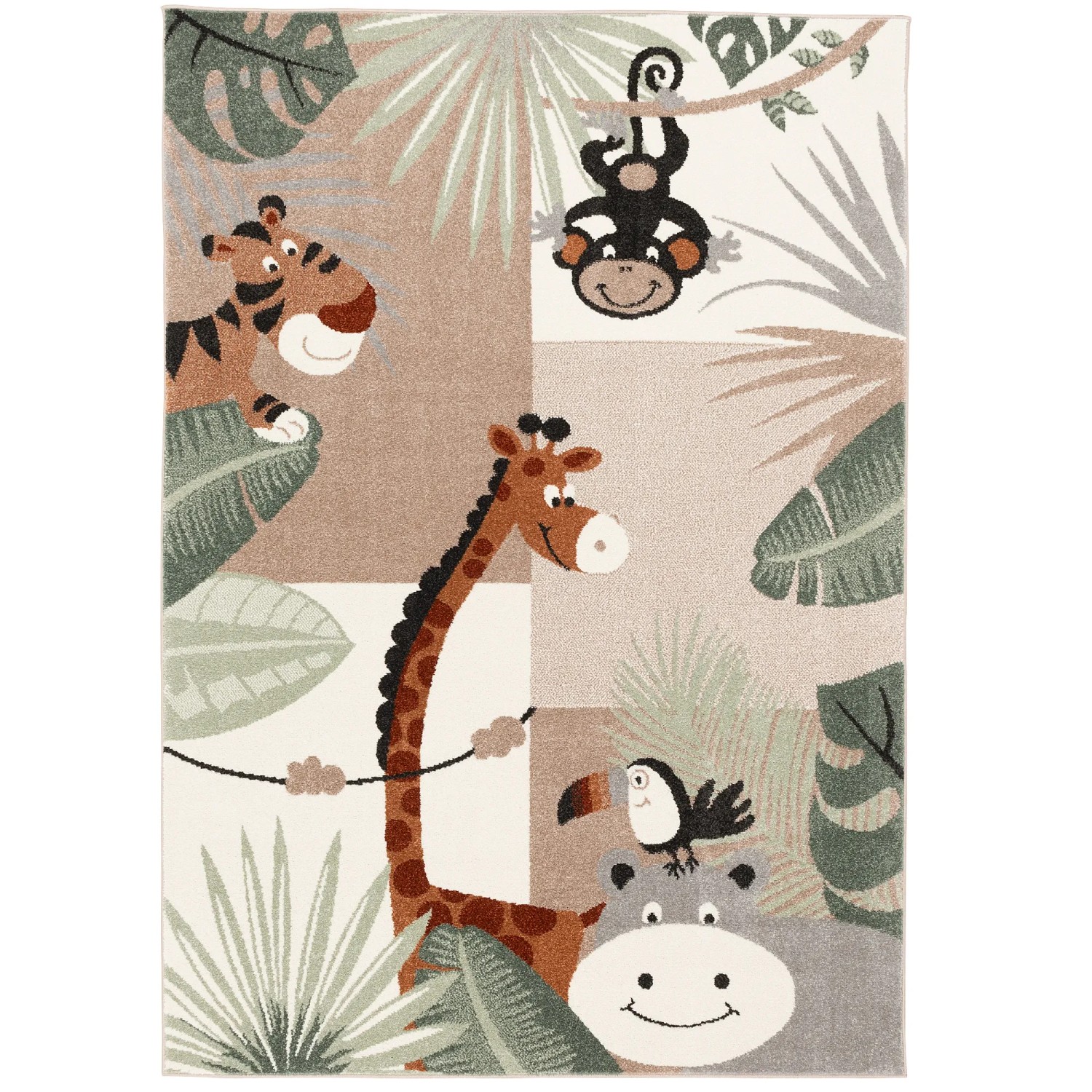 Bunter Kinderteppich mit Tiermotiven (Tiger, Affe, Giraffe, Nilpferd, Tukan) für das Kinderzimmer.