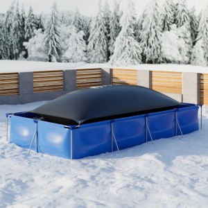 Aufblasbare, rechteckige Juskys Poolabdeckung 2x4m in Schwarz auf blauem Pool im Winter.