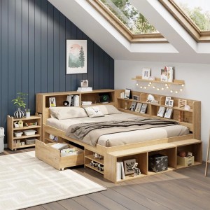 Naturholz Kinderbett 140x200cm mit integrierten Regalen, Schubladen & Schrank. Multifunktionales Einzelbett mit Stauraum.