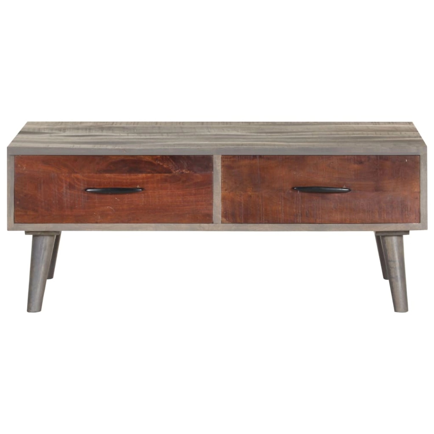 Grauer Couchtisch aus Mango-Massivholz (100x60x40 cm) mit 2 Schubladen. Tisch für Wohnzimmer.