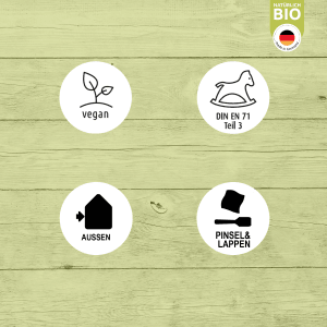 Piktogramme des Ultra Nature BIO Gartenöl Lärche: Vegan, DIN EN 71, Außenanwendung, Pinsel & Lappen.