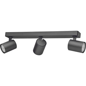 Schwarze 3-flammige OBI Spotbalken Deckenleuchte mit schwenkbaren GU10 LED Spots.