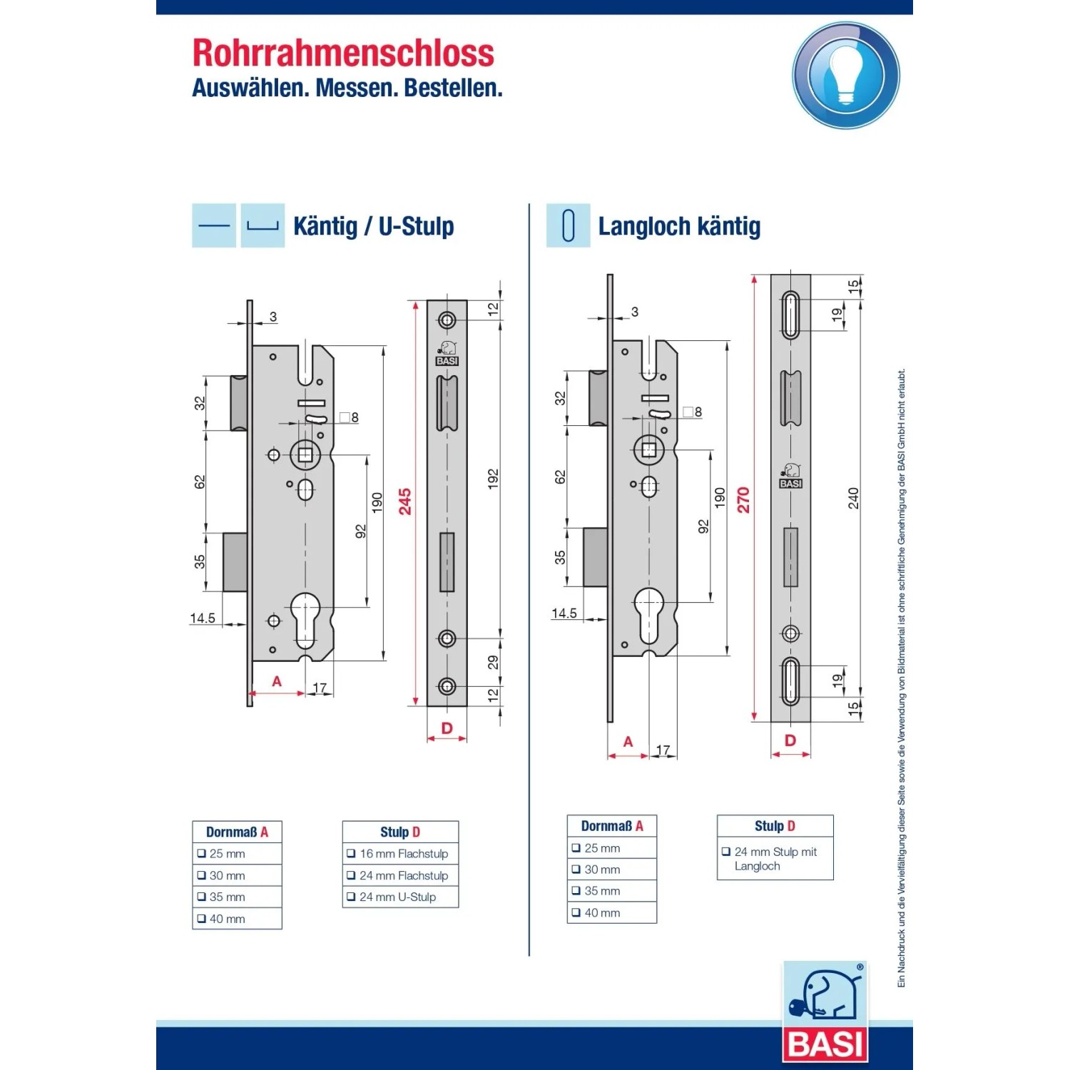 BASI ES 958L PZW Rohrrahmenschloss DIN R/L Käntigstulp 24/270 mm Langloch Dornmaß 40 mm 1-tourig Metall Falle/Riegel 9585-4020L_4