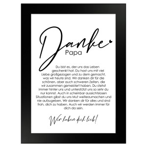 Gerahmtes Poster "Danke Papa" 13x18 cm, Geschenkidee mit liebevollen Sprüchen im schwarzen Holzrahmen.
