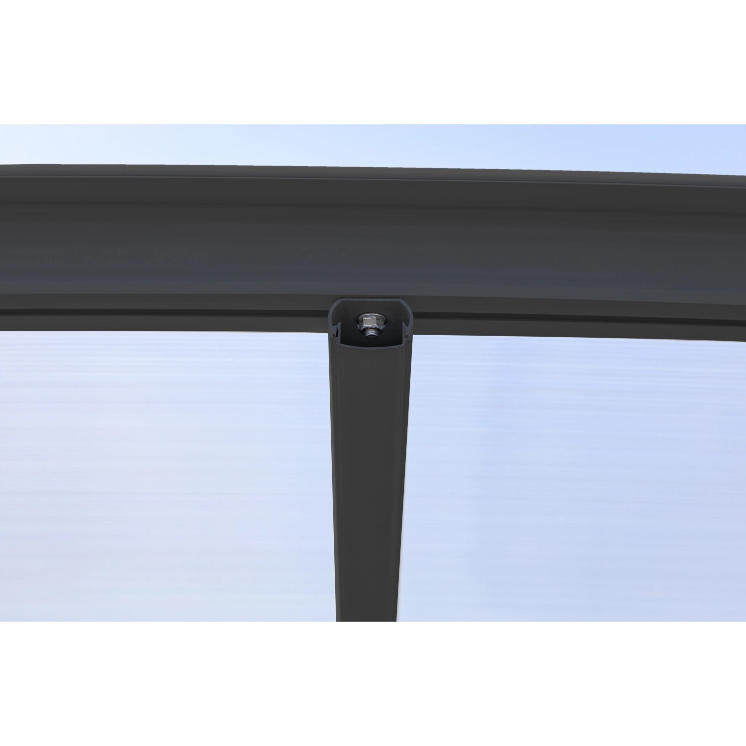 Detailansicht Westmann Rundbogen-Einzelcarport, anthrazitfarbene Aluminiumkonstruktion mit Befestigung.