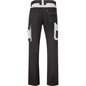 Robuste schwarze Arbeits-Hose, Rückansicht. Mit hellgrauen Kontrasten, vielen praktischen Taschen und verstärkten Knietaschen für Bau-Arbeitsbekleidung.