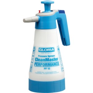 Gloria CleanMaster PF 12 Drucksprühgerät mit blauem Griff und weißem Behälter.