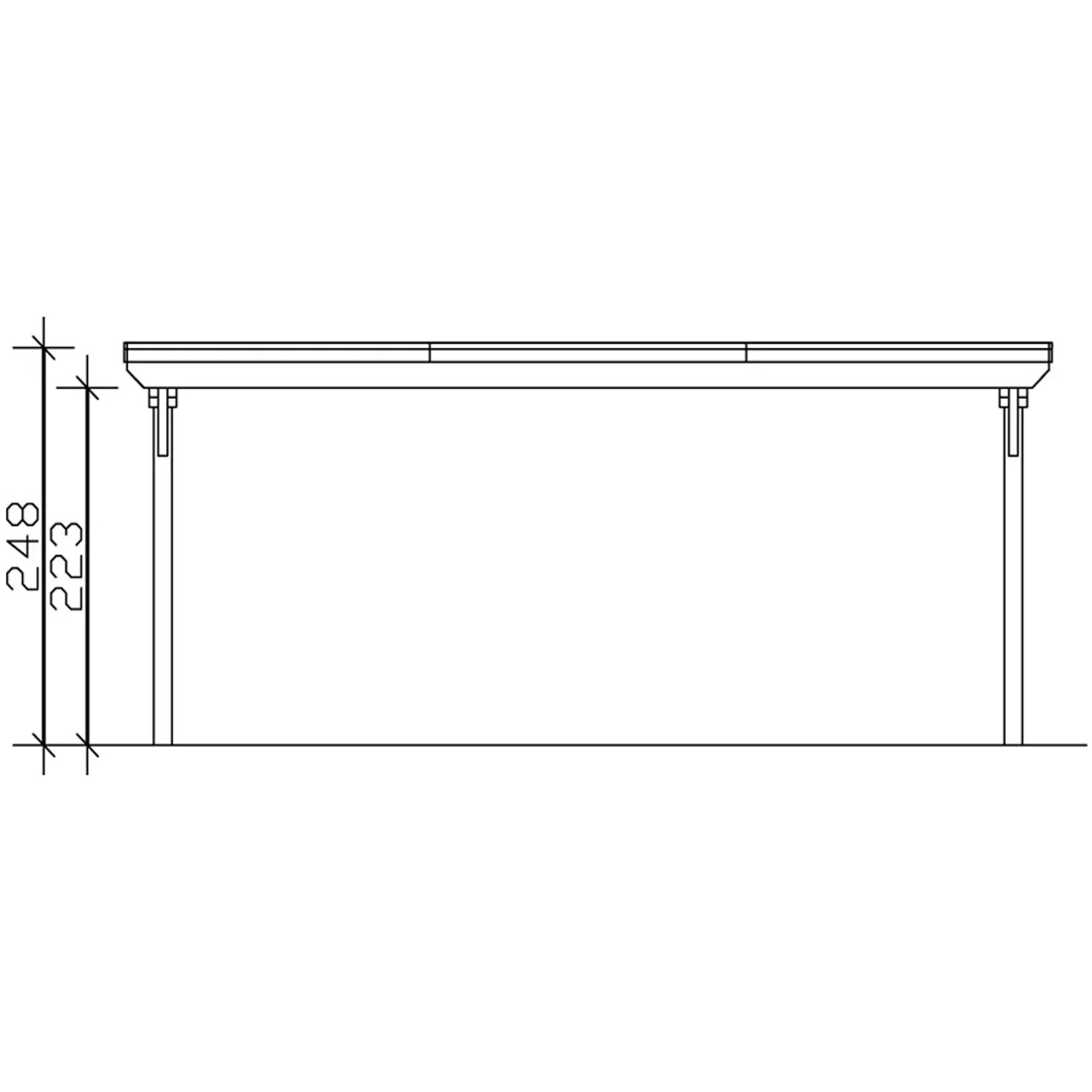Technische Zeichnung: Skan Holz Doppelcarport Leimholz Nussbaum, Seitenansicht mit Höhenangaben.