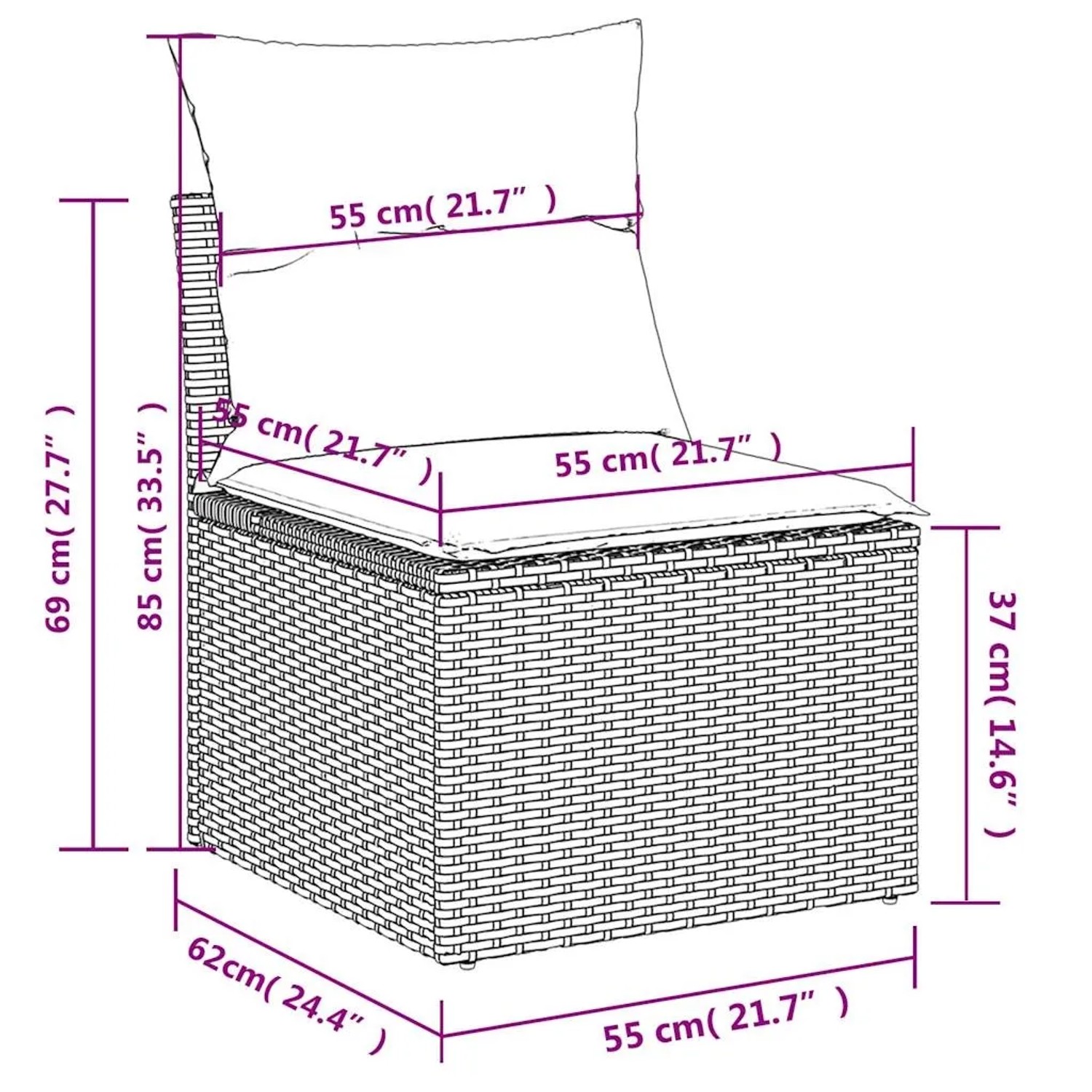 Skizze: Gartensofa-Element aus beigem Rattan mit Kissen, Maße eingezeichnet.