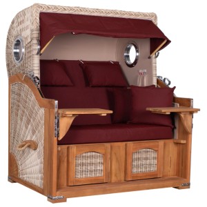 Strandkorb Rantum Teak mit PE-Geflecht, Dessin 550, mit Bullaugen und Markise.