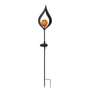 Schwarzer LED-Solarstab Flamme mit bernsteinfarbener Glaskugel für den Garten. Solar-Deko mit Dämmerungssensor.