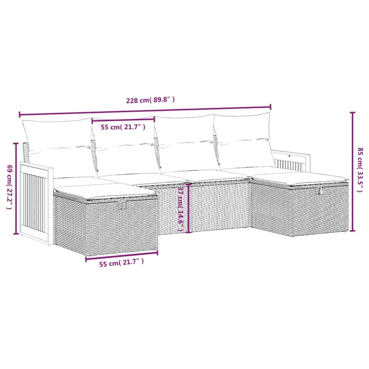 vidaXL 6-tlg. Garten-Sofagarnitur grau, Poly Rattan mit Kissen, Maße eingezeichnet.