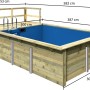 Karibu Holzpool Gr. 2 mit Terrasse und blauer Innenhülle, inklusive Leiter und Maßangaben.