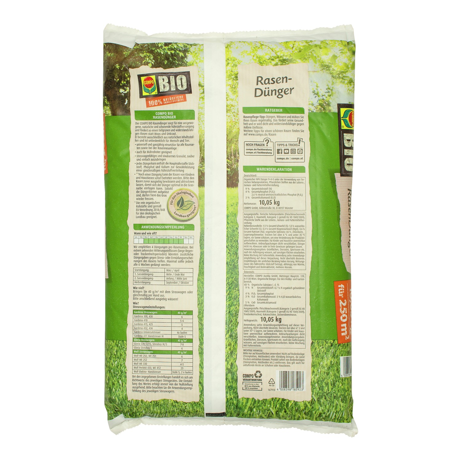 Verpackung Compo BIO Rasendünger, 10,05 kg für ca. 250 m² Rasenfläche.