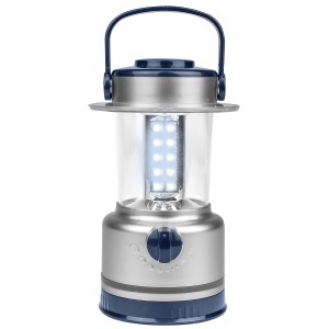 Calima LED Campinglaterne, silberfarben/blau, mit Tragegriff und Helligkeitsregler.