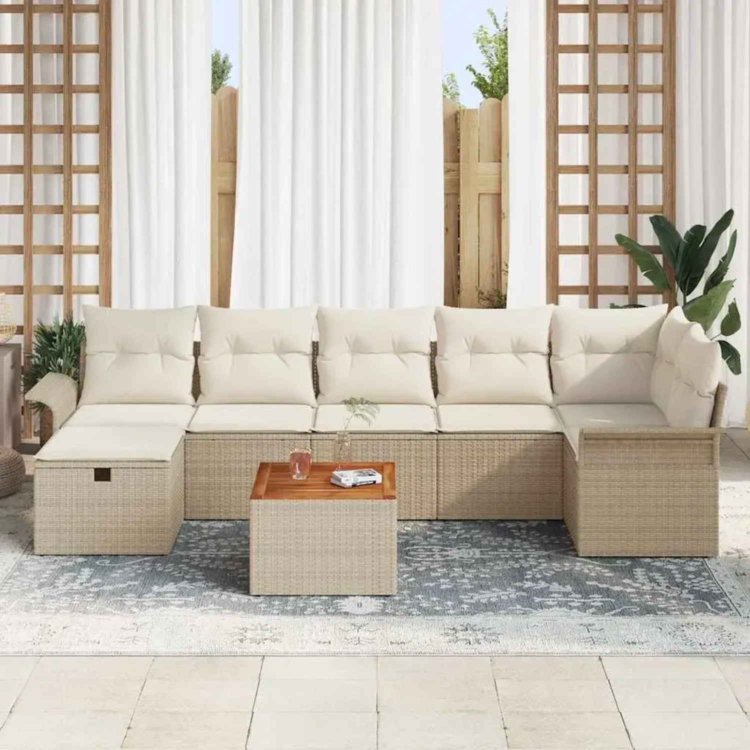 Beiges 8-teiliges vidaXL Garten-Sofa-Set aus Poly Rattan mit Kissen und Stauraum.