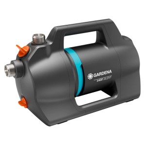 Gardena Gartenpumpe 5400 Silent, graue Elektropumpe mit Tragegriff und blauem Akzent.