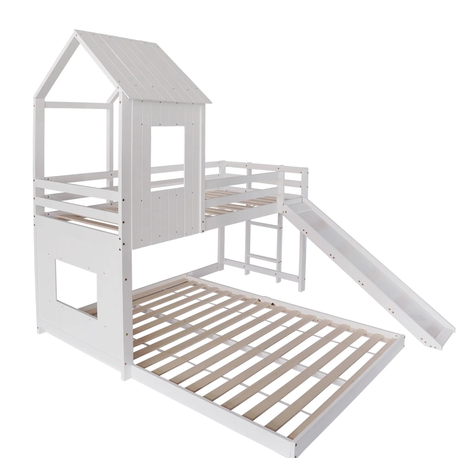 KOMHTOM Etagenbett 90x200Cm+140x200Cm Hausbett Kinderbett Mit Rutsche Fallschutzgitter Fenster Dach Und Dreistufige Leiter Kiefer+Mdf Weiß