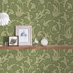 Grüne Vliestapete mit Rankenmuster, Barock Textiltapete in Olivgrün für Wohn- und Schlafzimmer.
