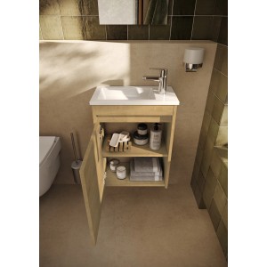 Roca Waschplatz Evelyne, Hamilton Eiche, mit offenem Unterschrank und Keramikwaschbecken.